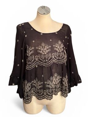 American Eagle Boho Embroidered Black Peasant Top 100% Cotton Size M